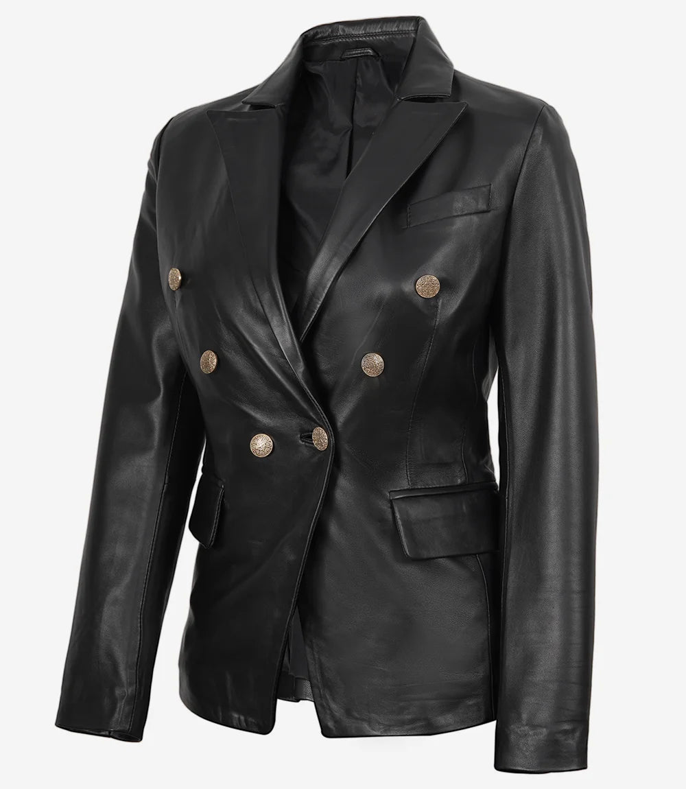 Kim Damen Zweireihiger schwarzer Lederblazer