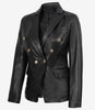 Kim Damen Zweireihiger schwarzer Lederblazer