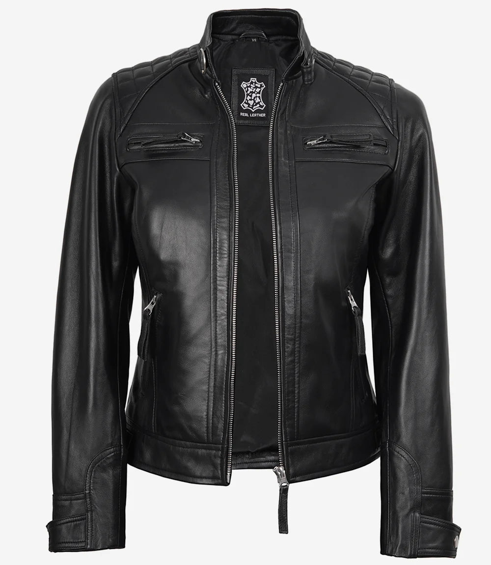 Schwarze Lederjacke im Biker-Stil für Damen – gesteppte Schultern