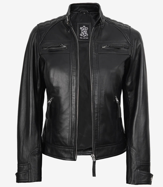 Schwarze Lederjacke im Biker-Stil für Damen – gesteppte Schultern