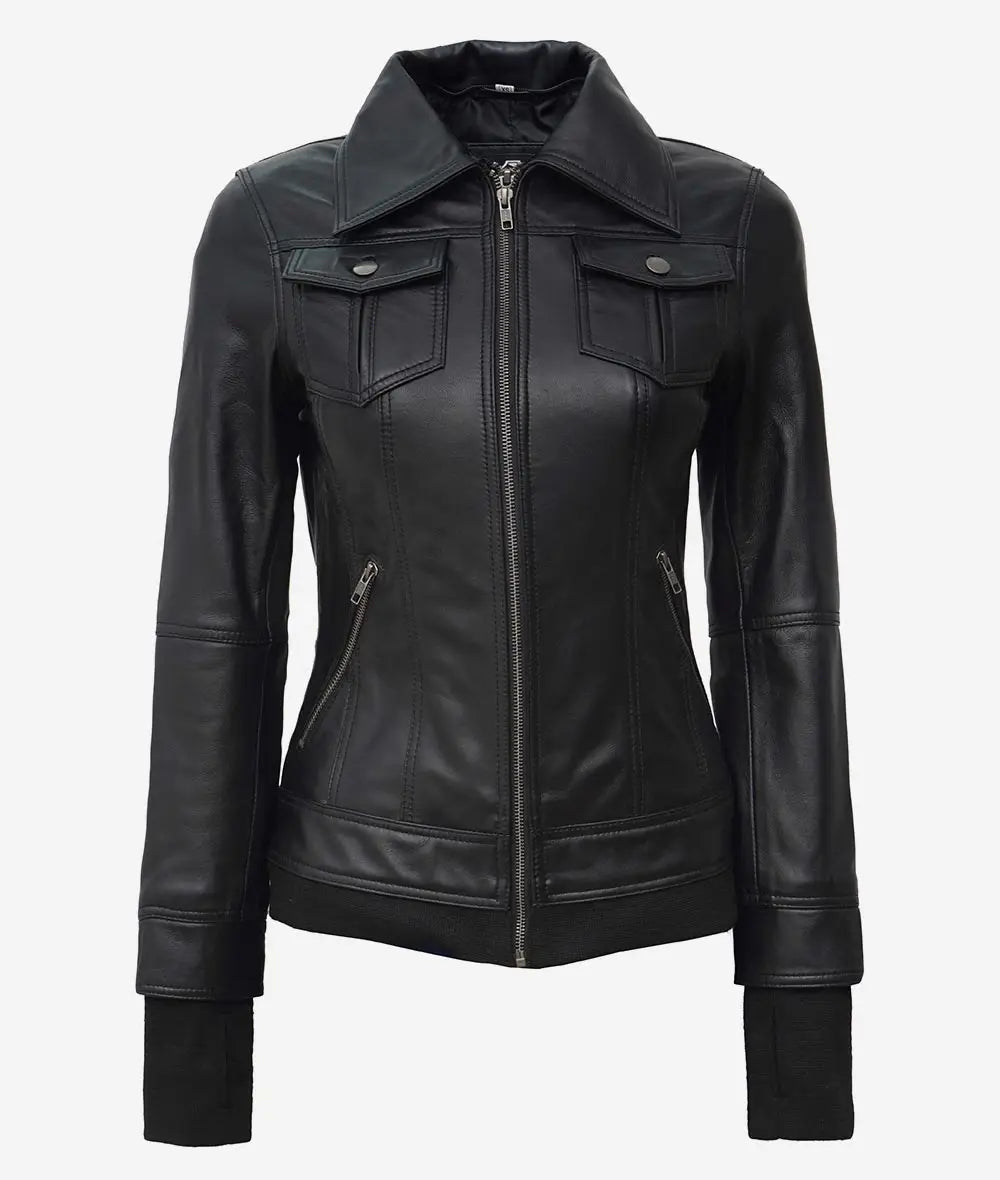 The Celeste: Schwarze Bomber-Lederjacke für Damen mit abnehmbarer Kapuze