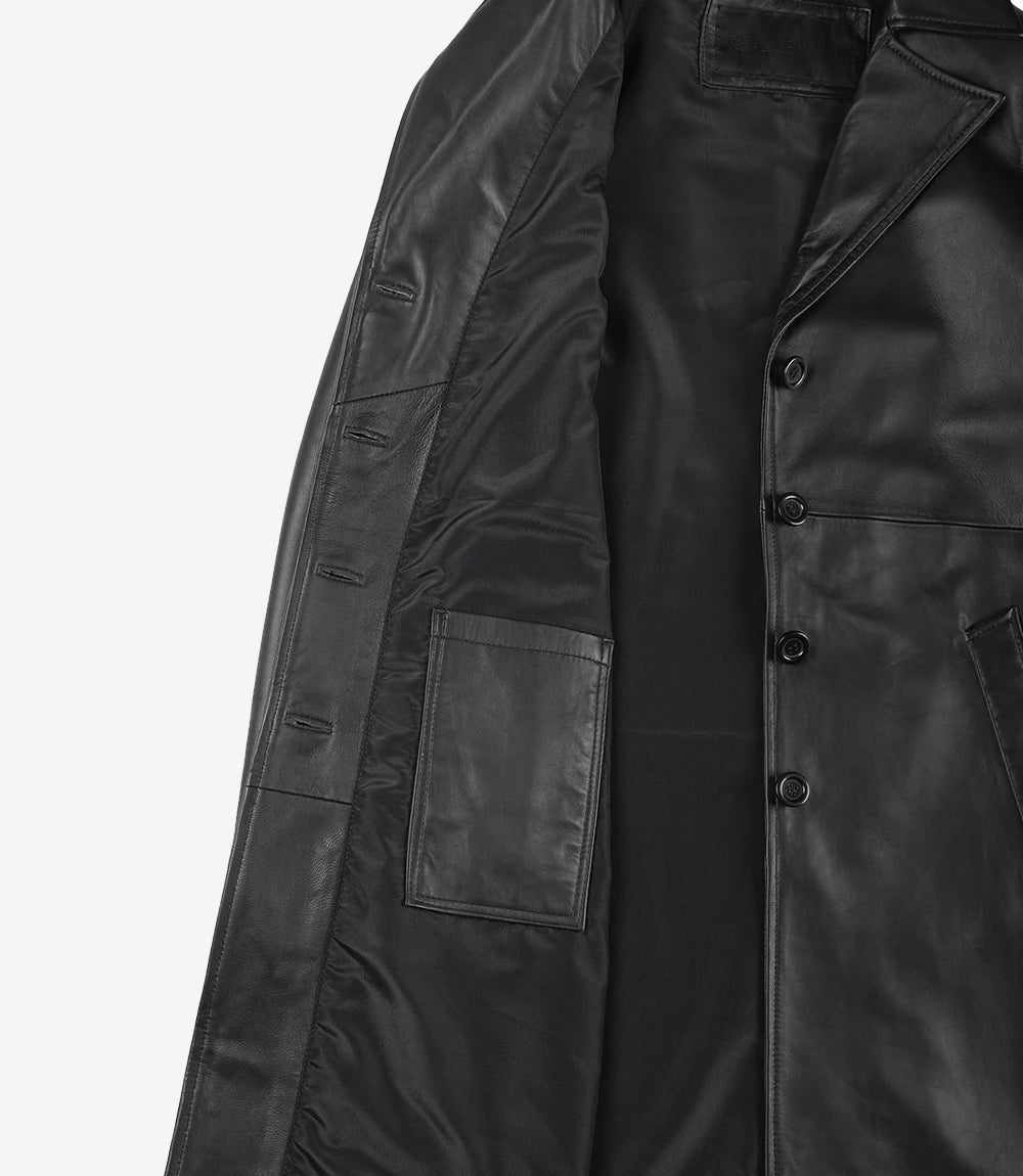 Womens 3 4 Length Black Wide Collar Leather Coat