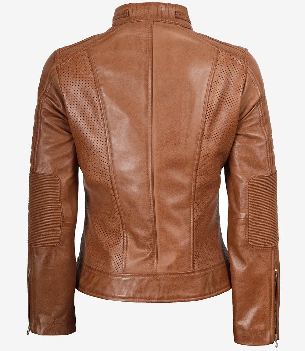 Hellbraune Lederjacke im Biker-Stil für Damen