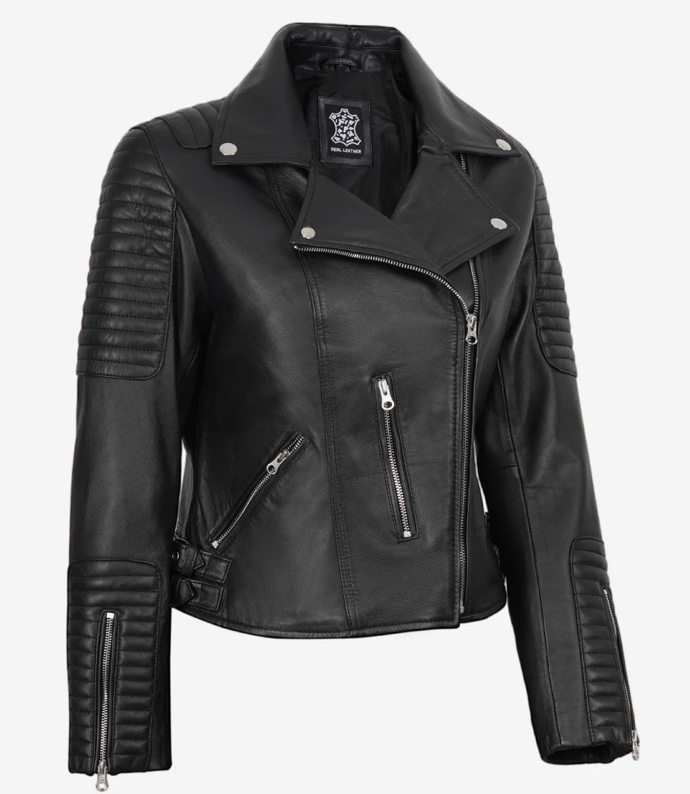 Feinste schwarze Lederjacke im Biker-Stil für Damen