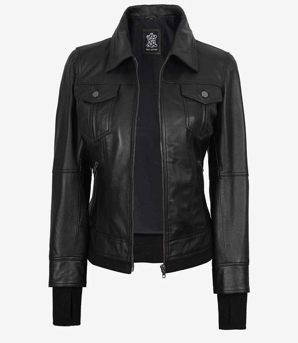 The Celeste: Schwarze Bomber-Lederjacke für Damen mit abnehmbarer Kapuze
