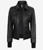 The Celeste: Schwarze Bomber-Lederjacke für Damen mit abnehmbarer Kapuze