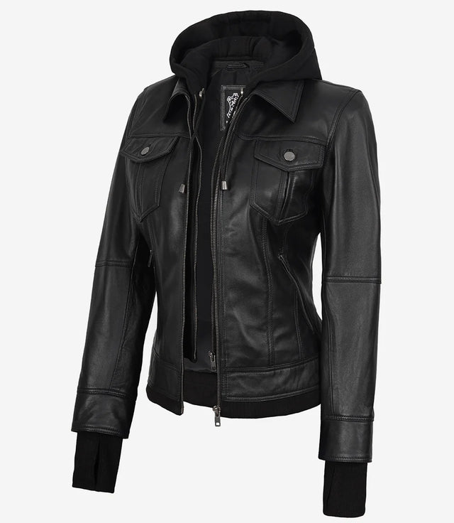 The Celeste: Schwarze Bomber-Lederjacke für Damen mit abnehmbarer Kapuze