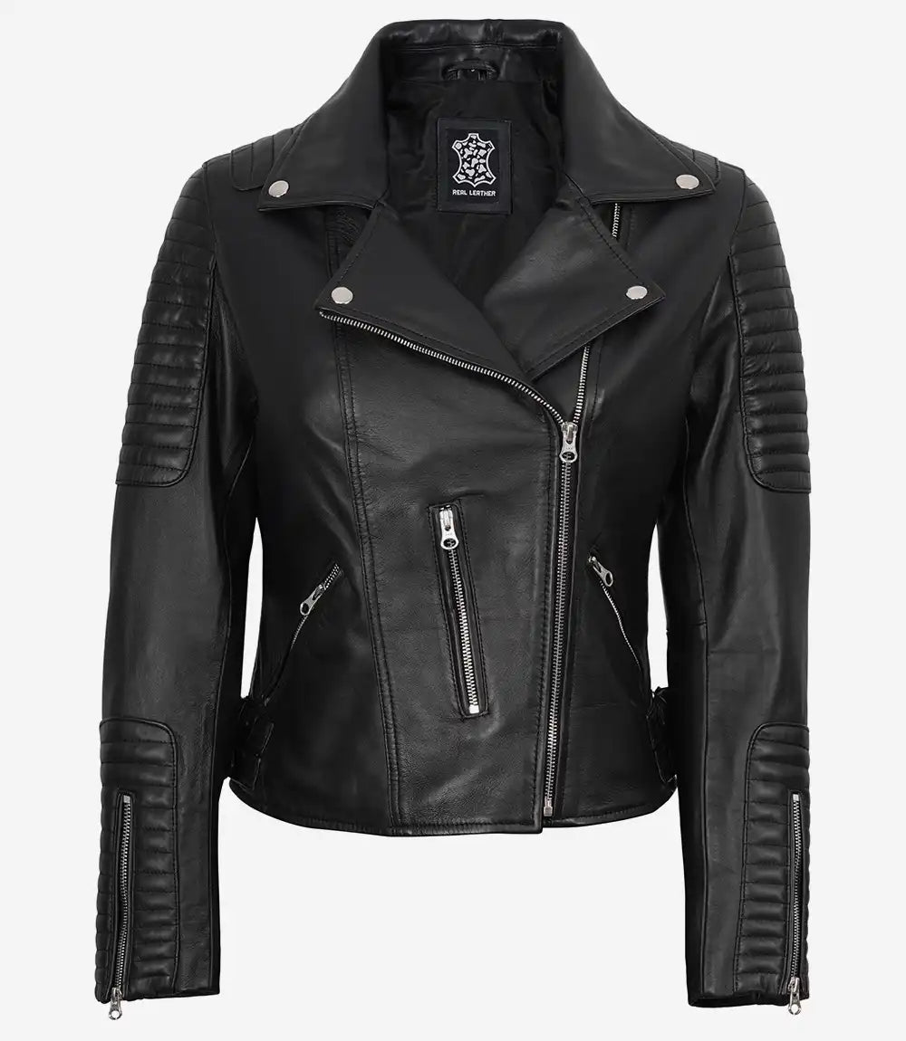 Feinste schwarze Lederjacke im Biker-Stil für Damen