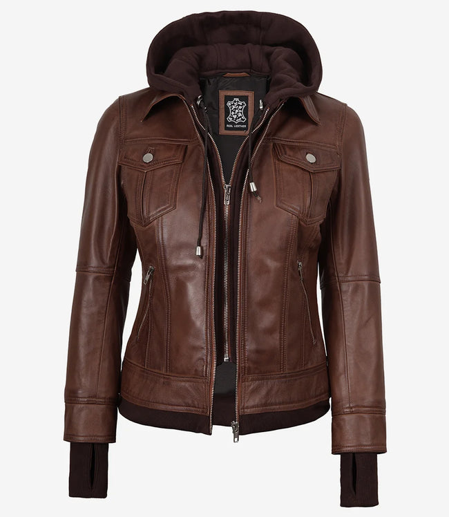 Tralee Damen Cognac Wachs-Bomberlederjacke mit abnehmbarer Kapuze