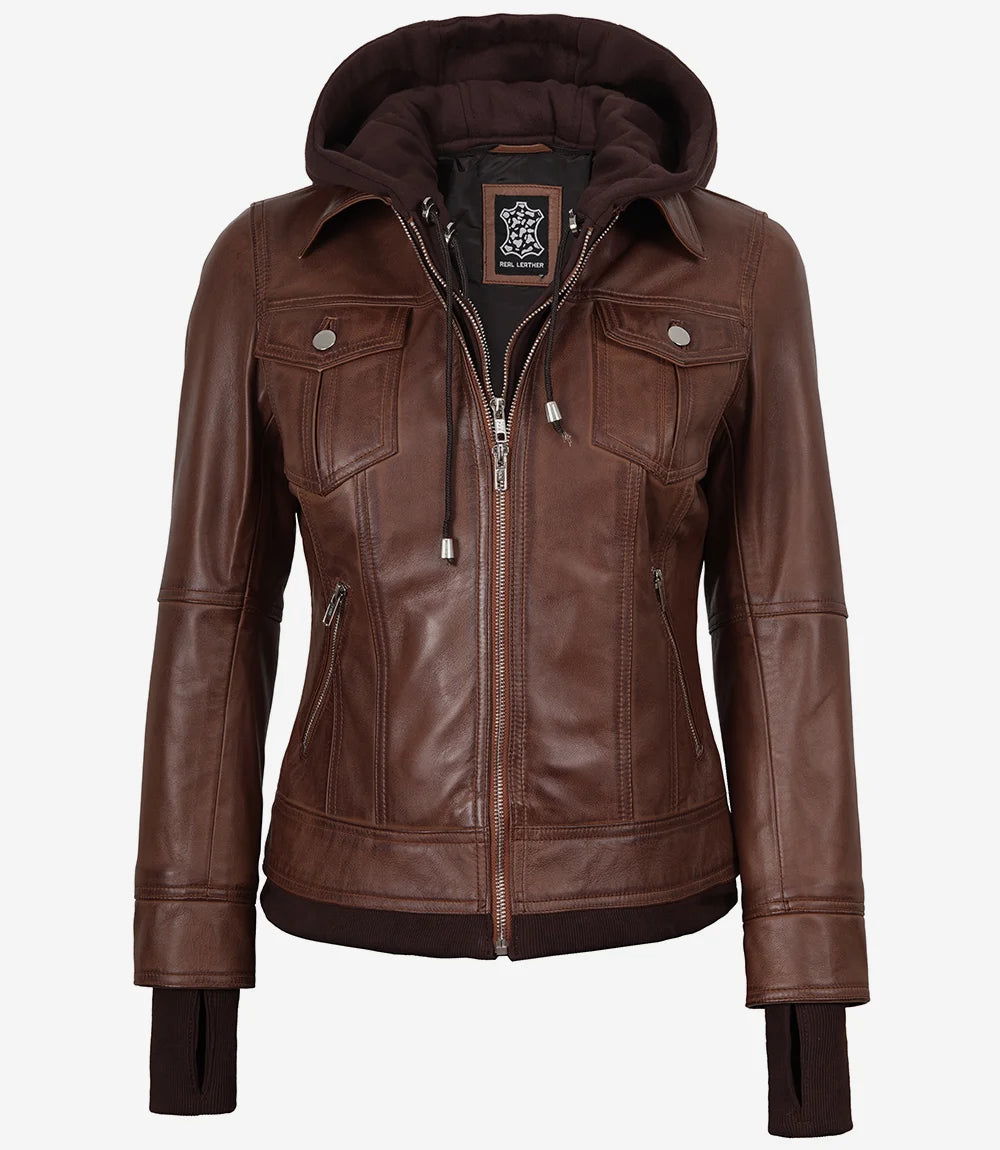 Tralee Damen Cognac Wachs-Bomberlederjacke mit abnehmbarer Kapuze