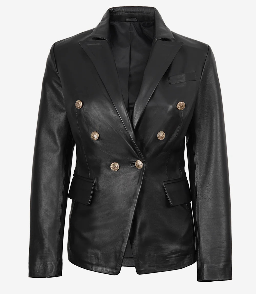 Kim Damen Zweireihiger schwarzer Lederblazer