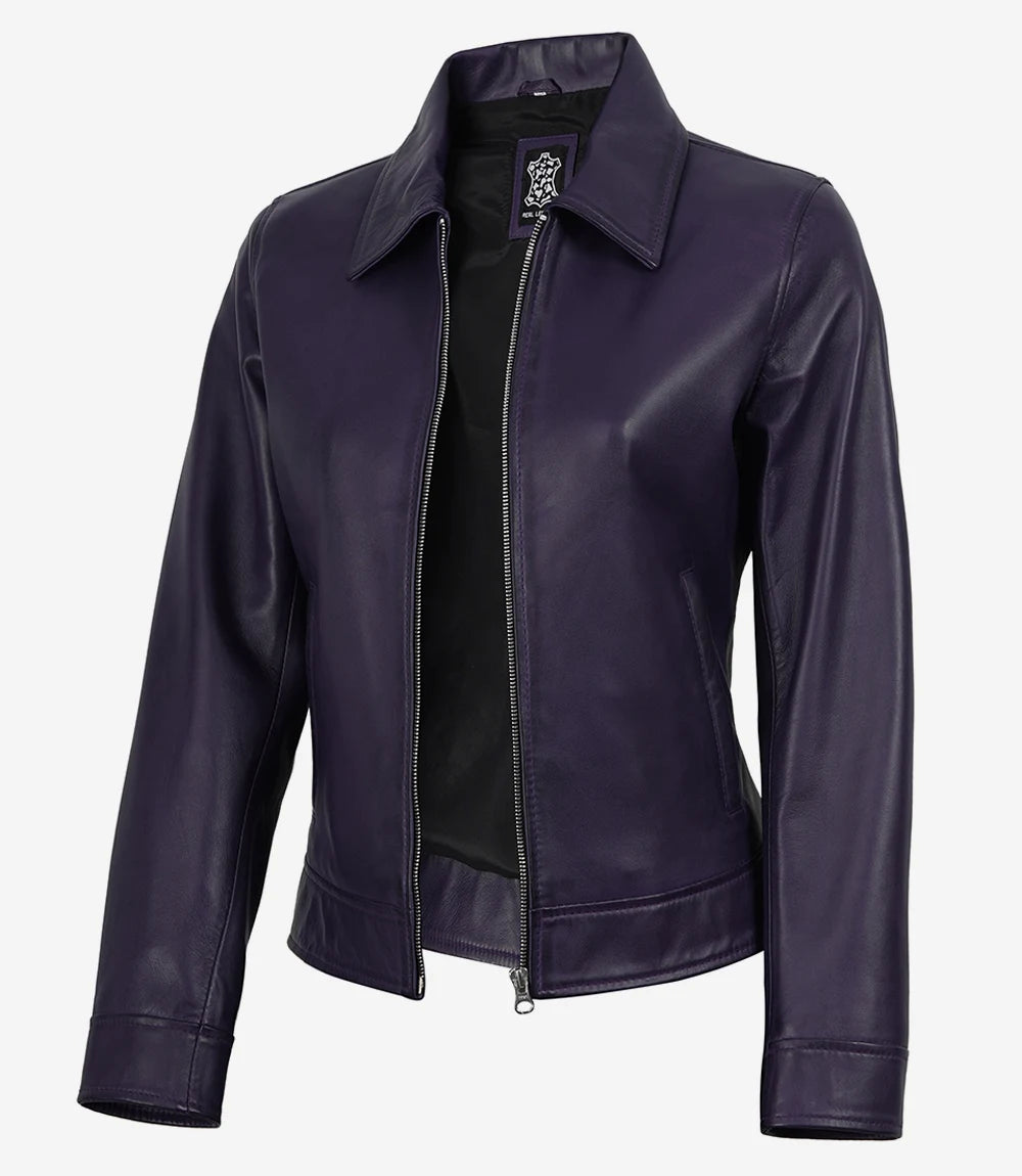 Women's Purple Waxed Shirt Collar Harrington Leather Jacket