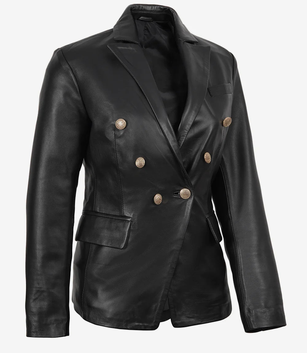 Kim Damen Zweireihiger schwarzer Lederblazer