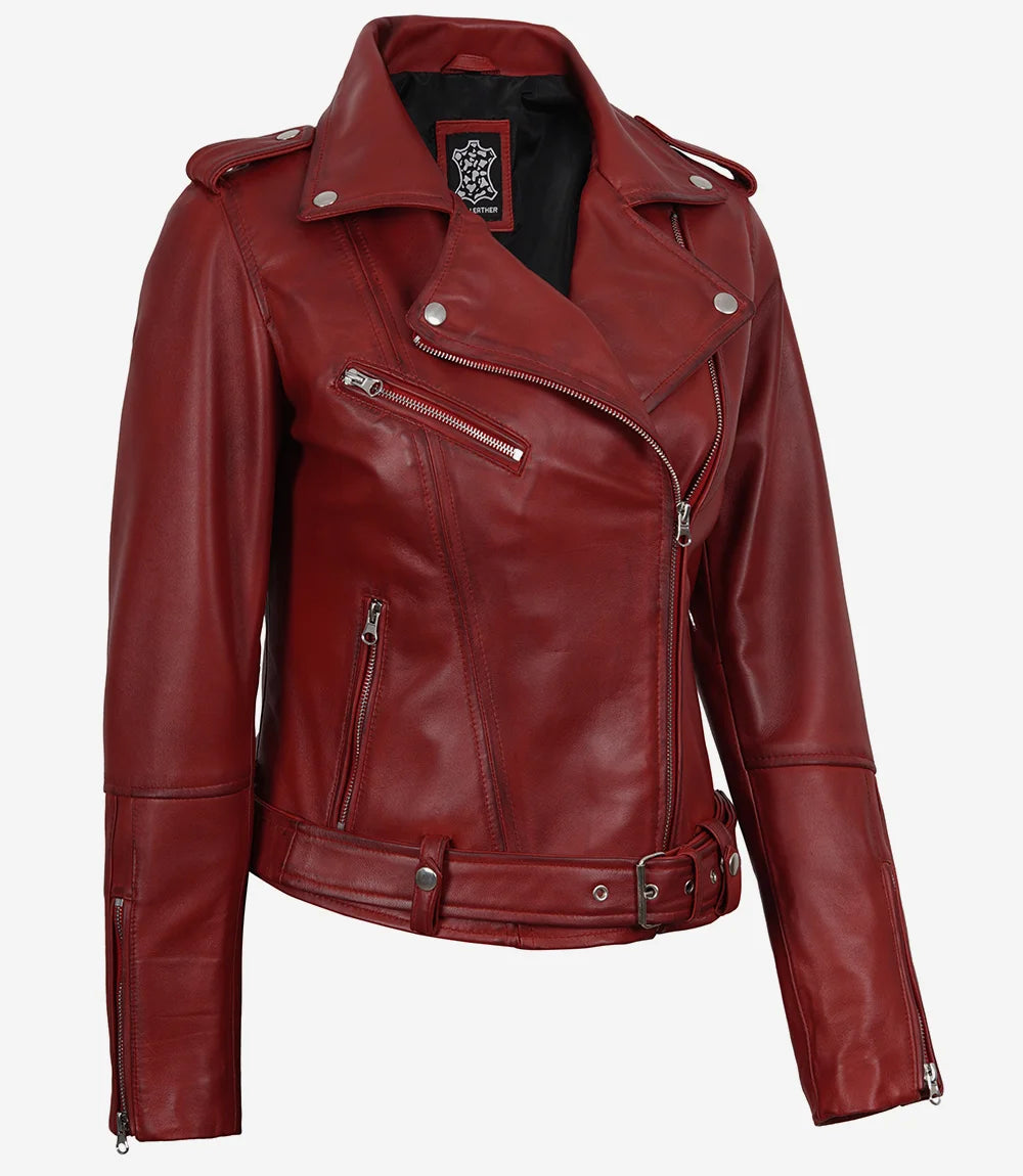 Rote asymmetrische Lederjacke im Biker-Stil mit Gürtel für Damen