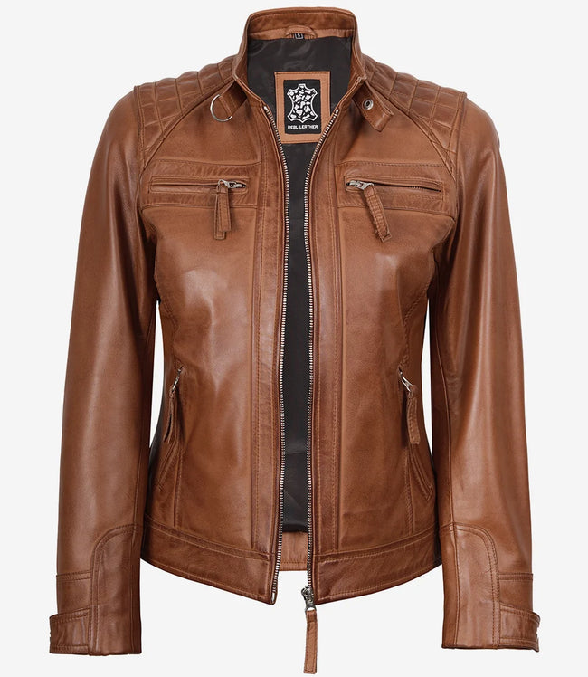 Damenjacke aus echtem Lammleder in Hellbraun, gesteppt, im Biker-Stil