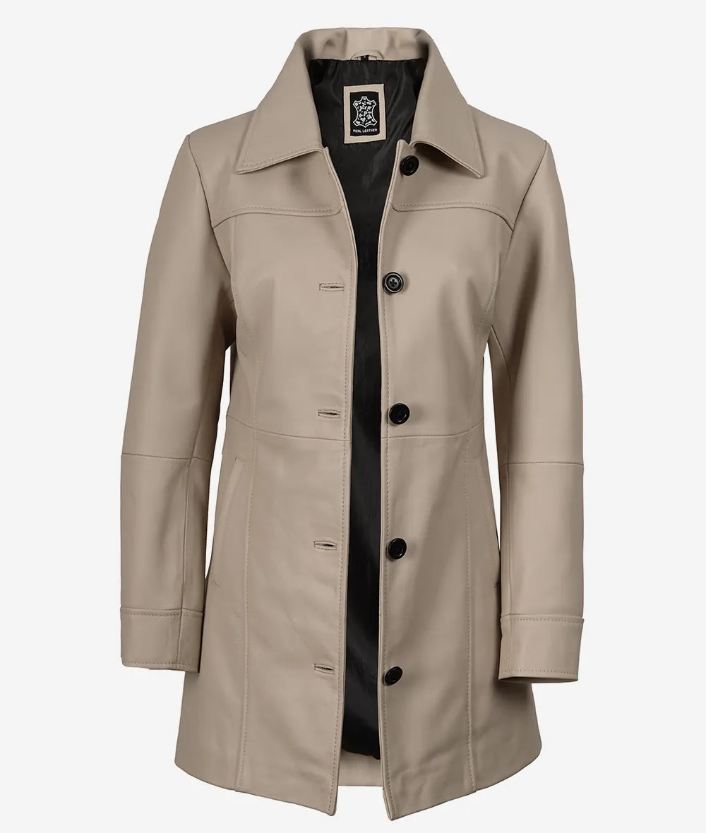Damenmantel aus echtem Lammleder in 3/4-Länge in Beige