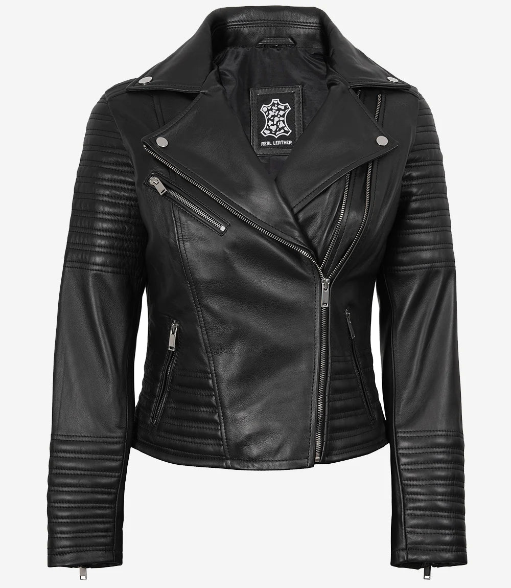 Schwarze, asymmetrische Bikerjacke aus feinstem Leder für Damen – (nur noch wenige übrig)