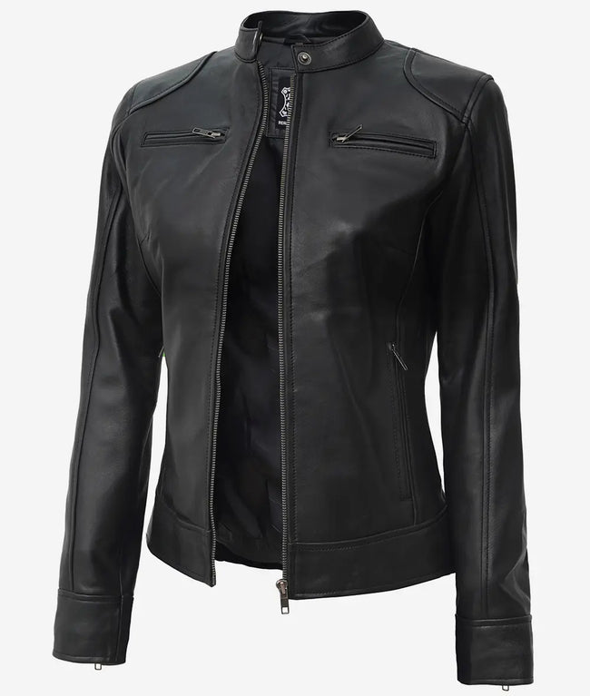 Schwarze Damenjacke aus Lammleder im Bikerstil