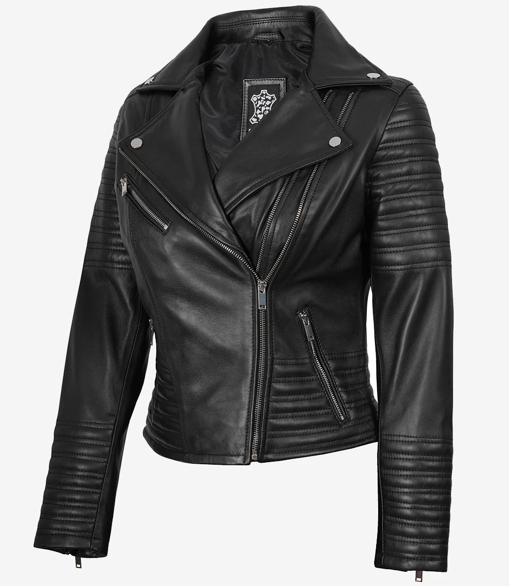Schwarze, asymmetrische Bikerjacke aus feinstem Leder für Damen – (nur noch wenige übrig)