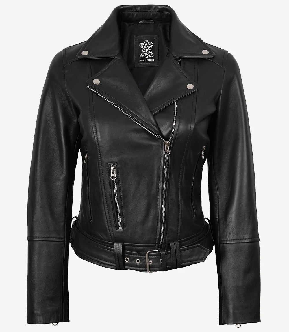 Asymmetrische schwarze Damen-Lederjacke im Biker-Stil mit Gürtel
