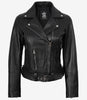Asymmetrische schwarze Damen-Lederjacke im Biker-Stil mit Gürtel