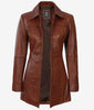 Womens Petite Cognac 3 Quarter Leather Coat