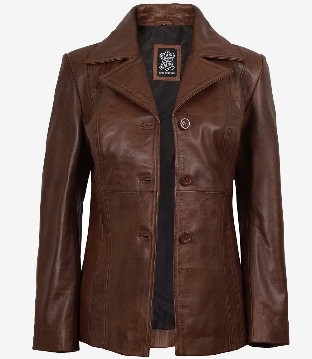 Womens Brown Leather 3 4 Length Coat