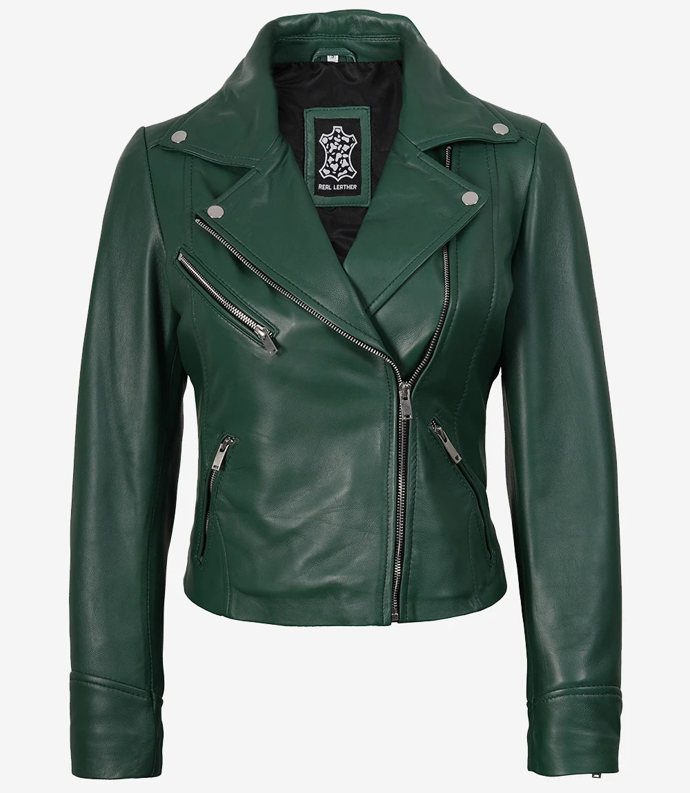 Grüne Bikerjacke aus echtem Lammleder für Damen