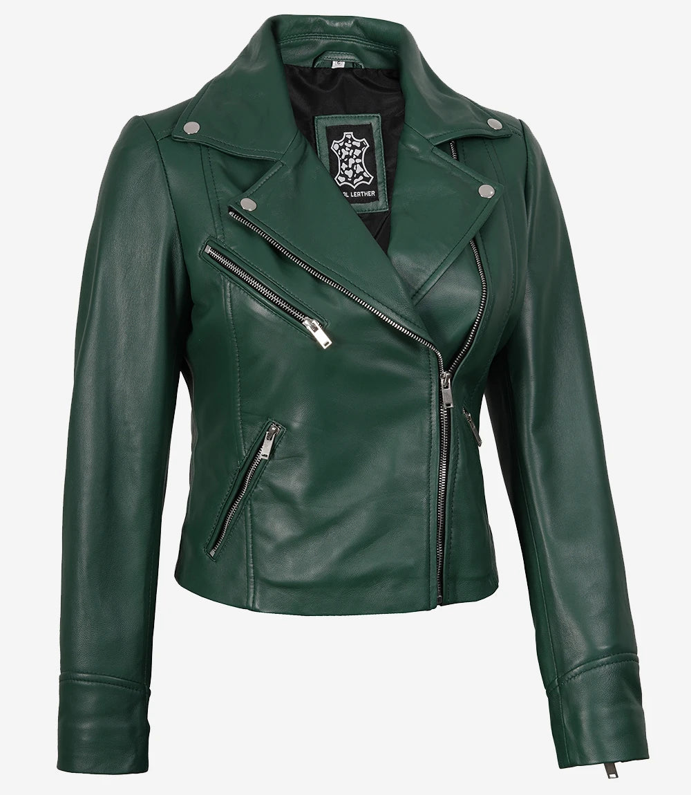 Grüne Bikerjacke aus echtem Lammleder für Damen