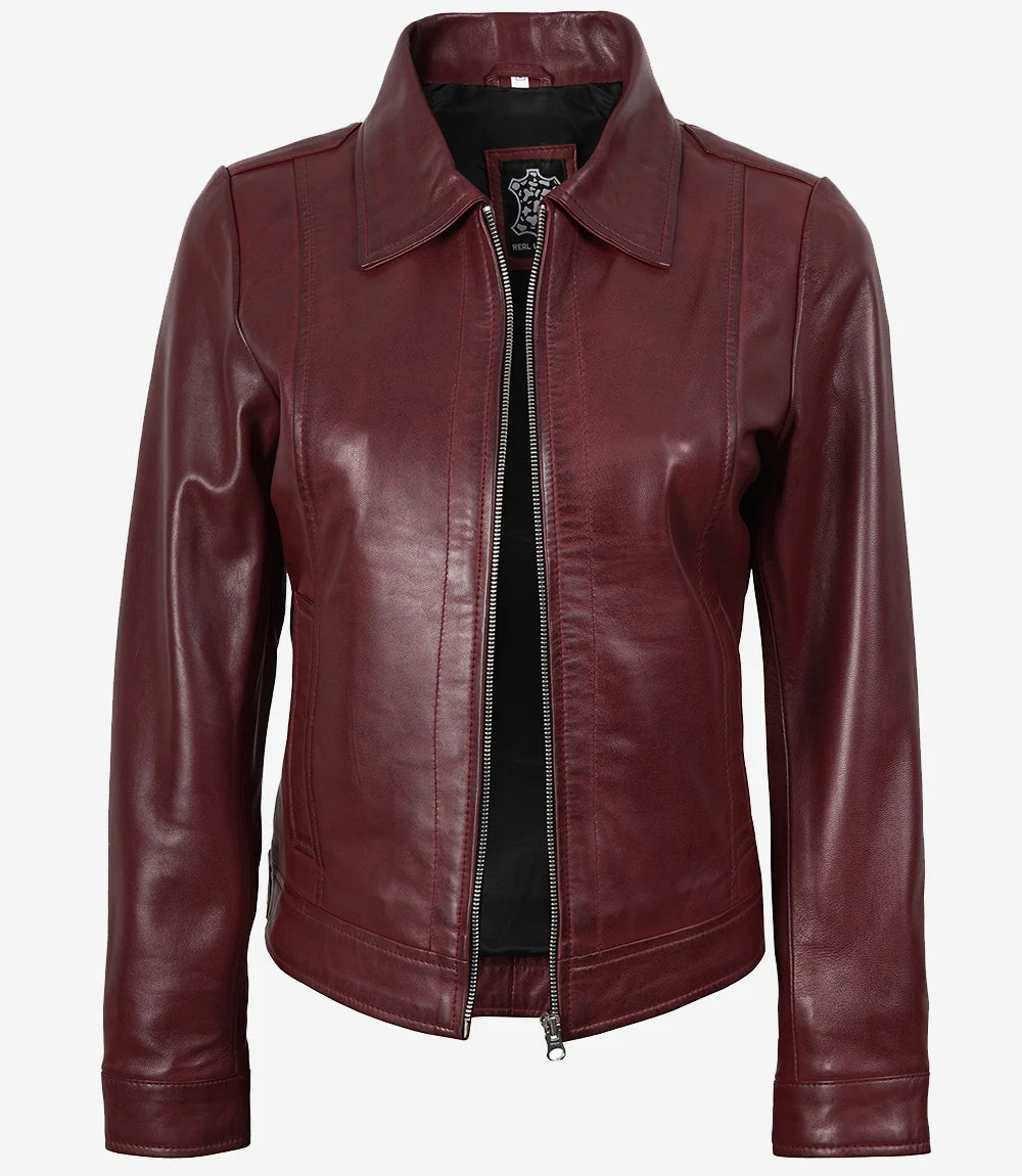 Kastanienbraune Lederjacke mit Hemdkragen für Damen