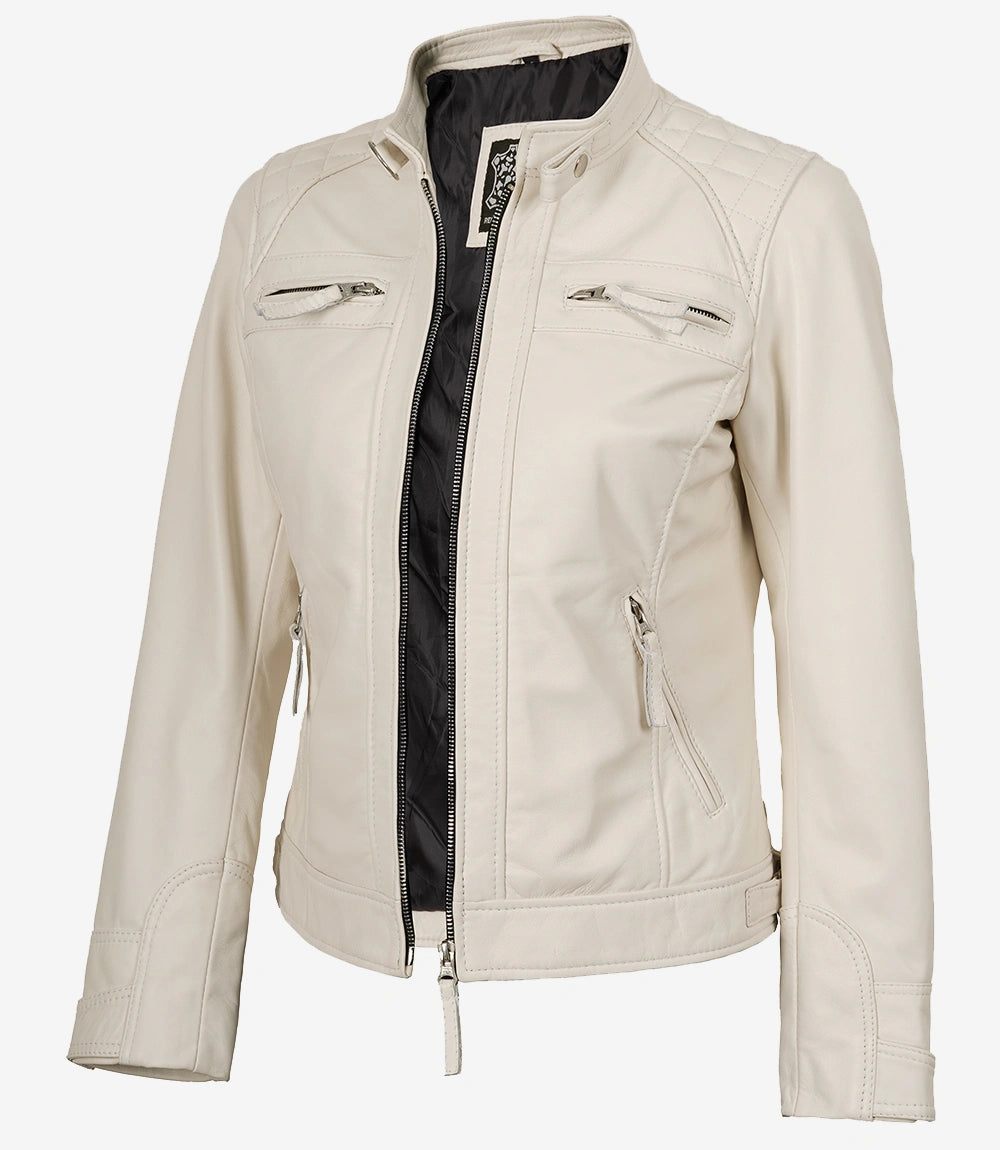 Damenjacke aus echtem Lammleder, gebrochenes Weiß, gesteppt, im Biker-Stil
