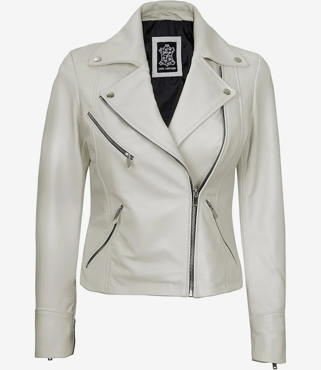 Womens Real Lambskin Leather White Moto Jacket