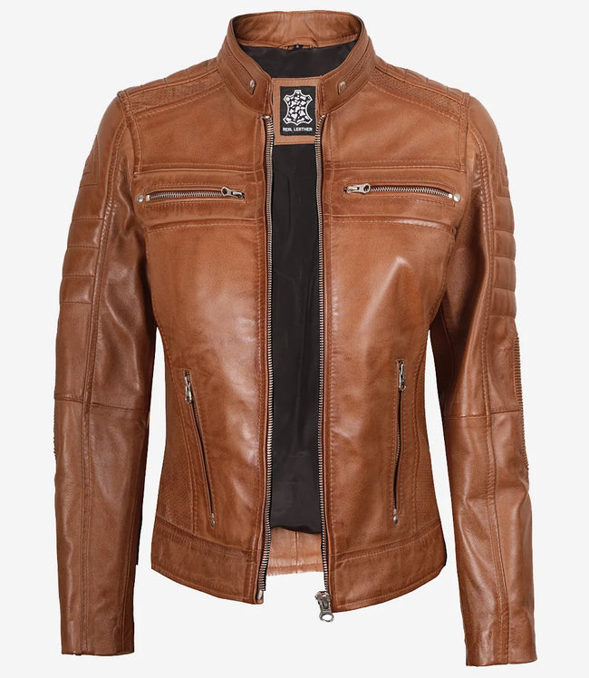 Hellbraune Lederjacke im Biker-Stil für Damen