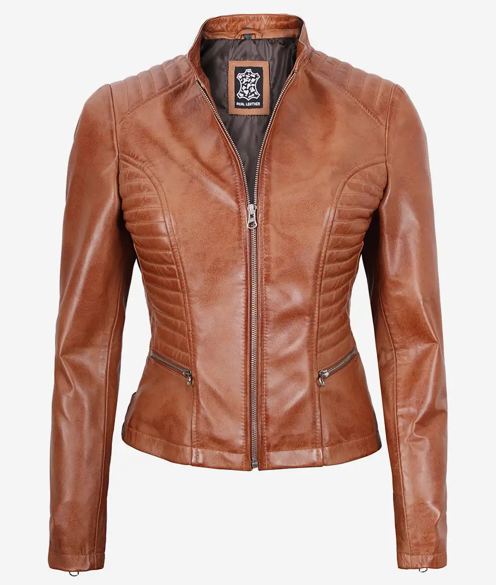 Womens Petite Biker Fitted Tan Leather Jacket