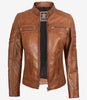 Hellbraune Lederjacke im Biker-Stil für Damen