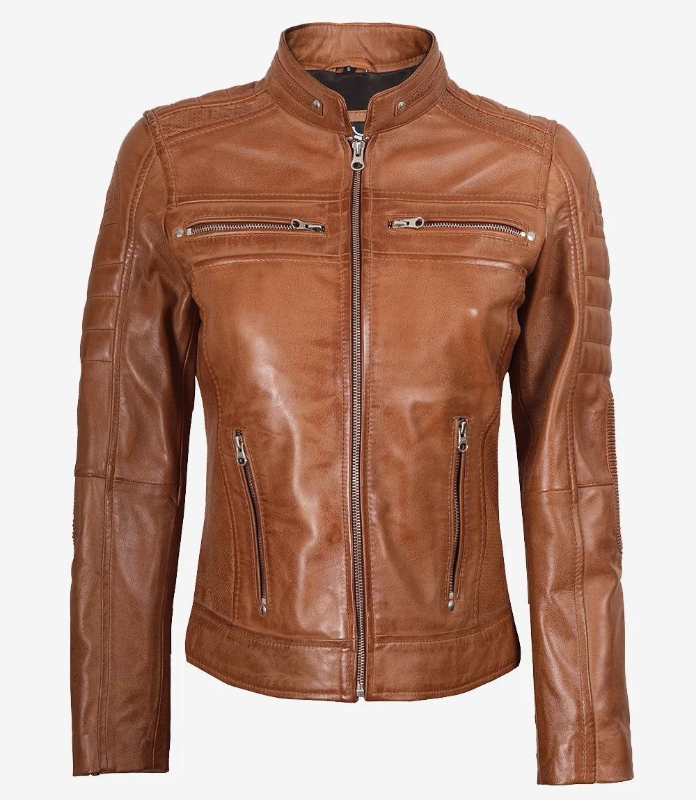 Hellbraune Lederjacke im Biker-Stil für Damen