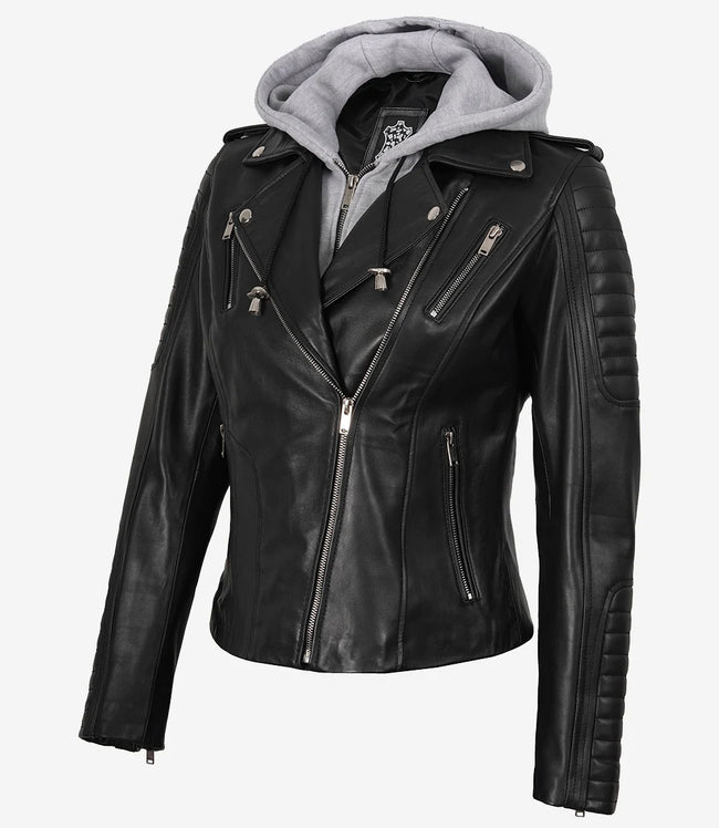 Schwarze Lederjacke im Biker-Stil für Damen mit Kapuze