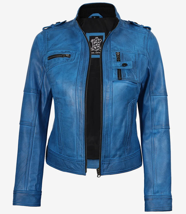 Blaue Damenjacke im Biker-Stil aus gewachstem Lammleder