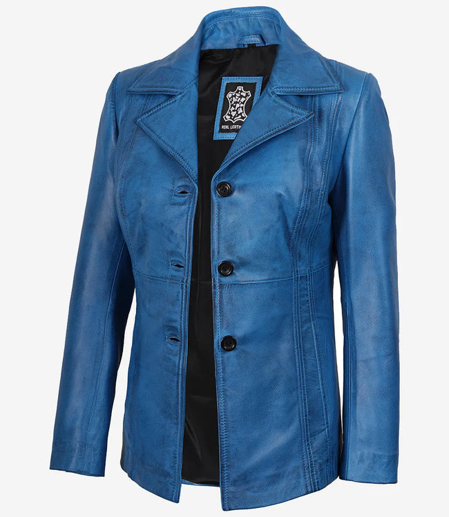 Blauer gewachster Ledermantel für Damen – Drei Knöpfe