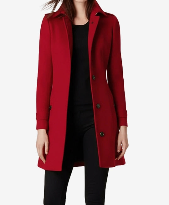 Einreihiger roter Wollmantel für Damen – 3/4-Länge