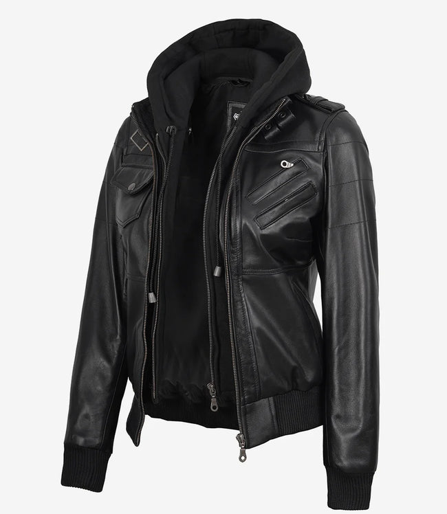 Schwarze Bomberjacke aus Leder für Damen mit abnehmbarer Kapuze