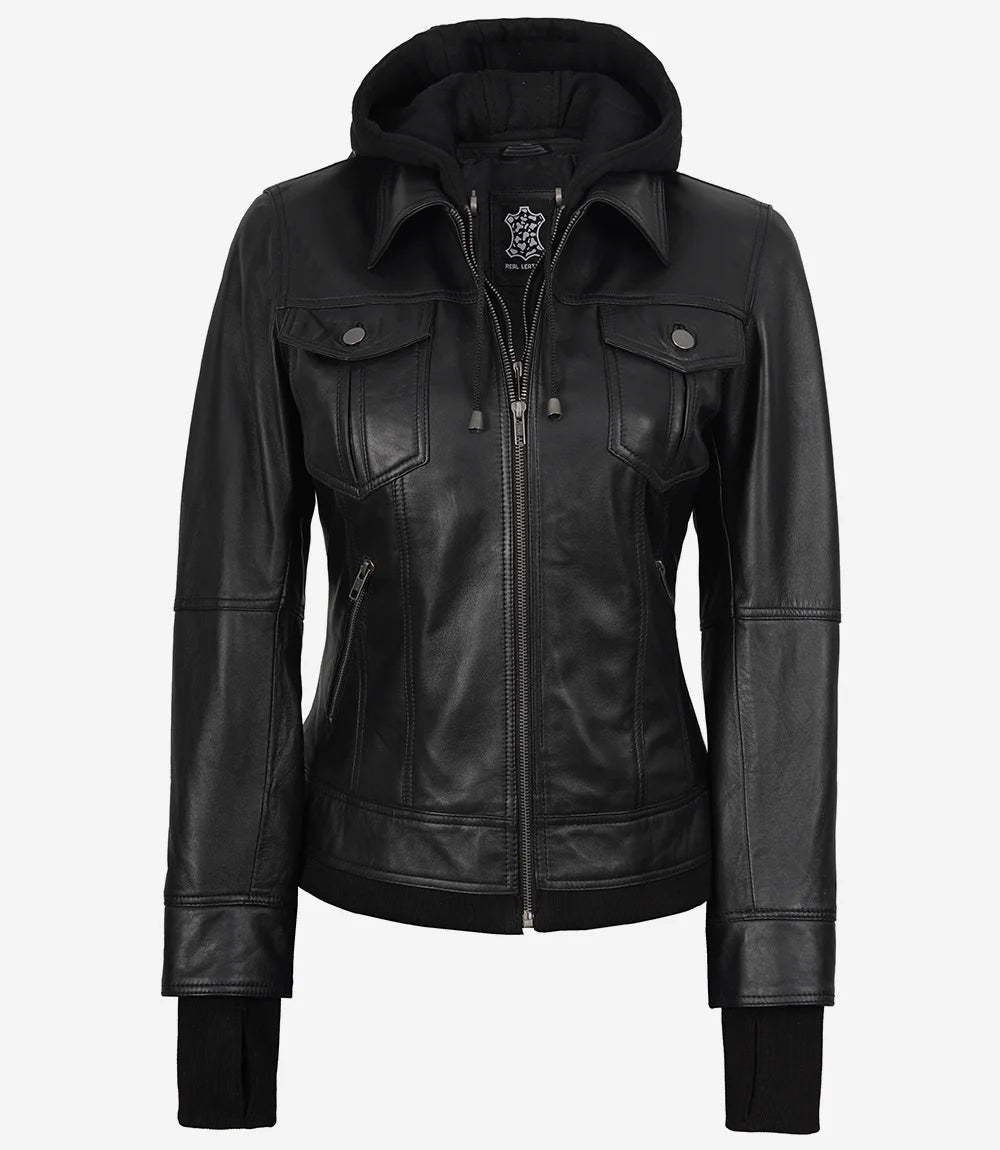 The Celeste: Schwarze Bomber-Lederjacke für Damen mit abnehmbarer Kapuze