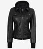 The Celeste: Schwarze Bomber-Lederjacke für Damen mit abnehmbarer Kapuze
