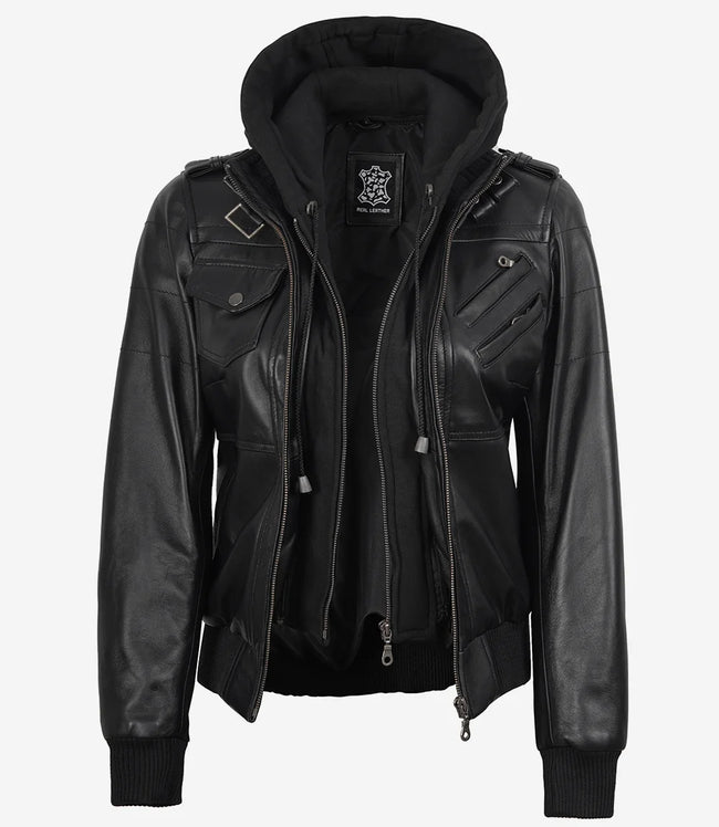 Schwarze Bomberjacke aus Leder für Damen mit abnehmbarer Kapuze