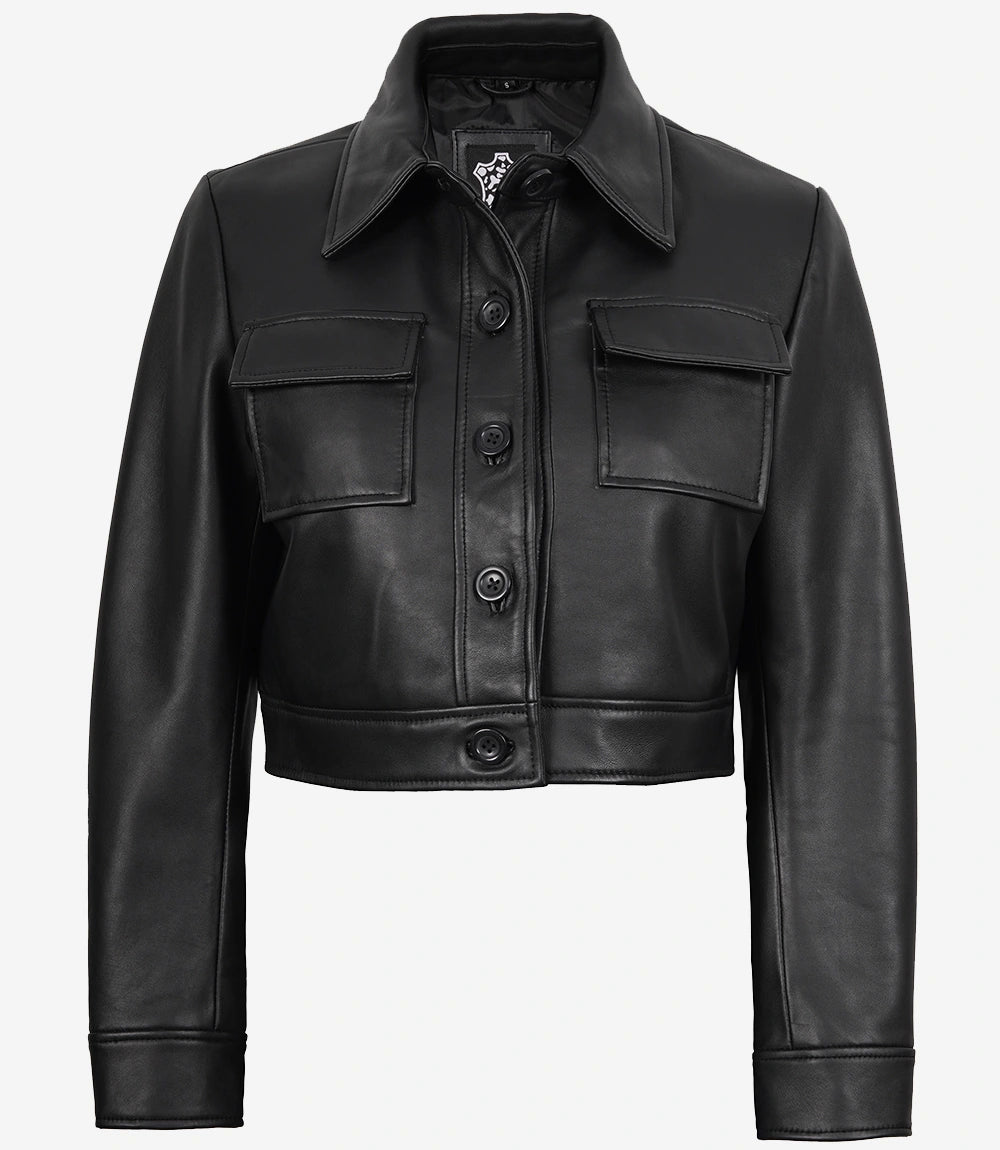 Womens Real Leather Black Cropped Trucker Jacket