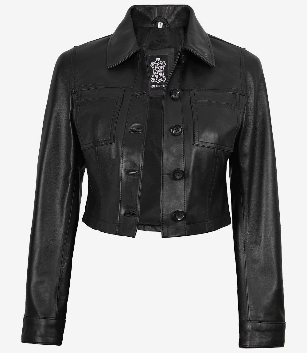 Kurze schwarze Lederjacke für Damen