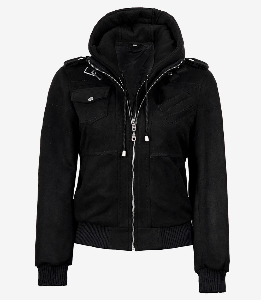 Women's Black Faux Suede Hooded Bomber Jacket