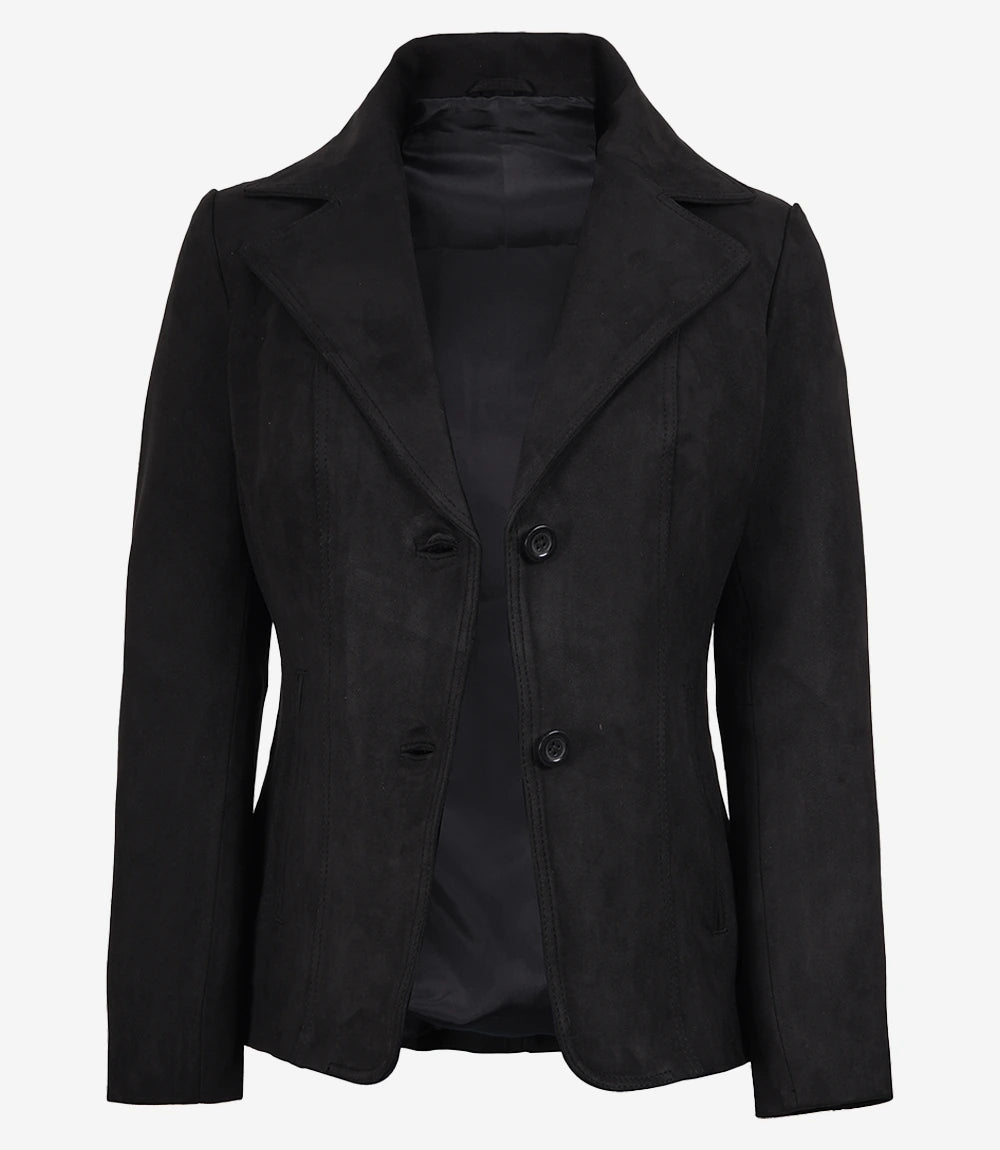 Women's Black Faux Suede Two-Button Closure Blazer