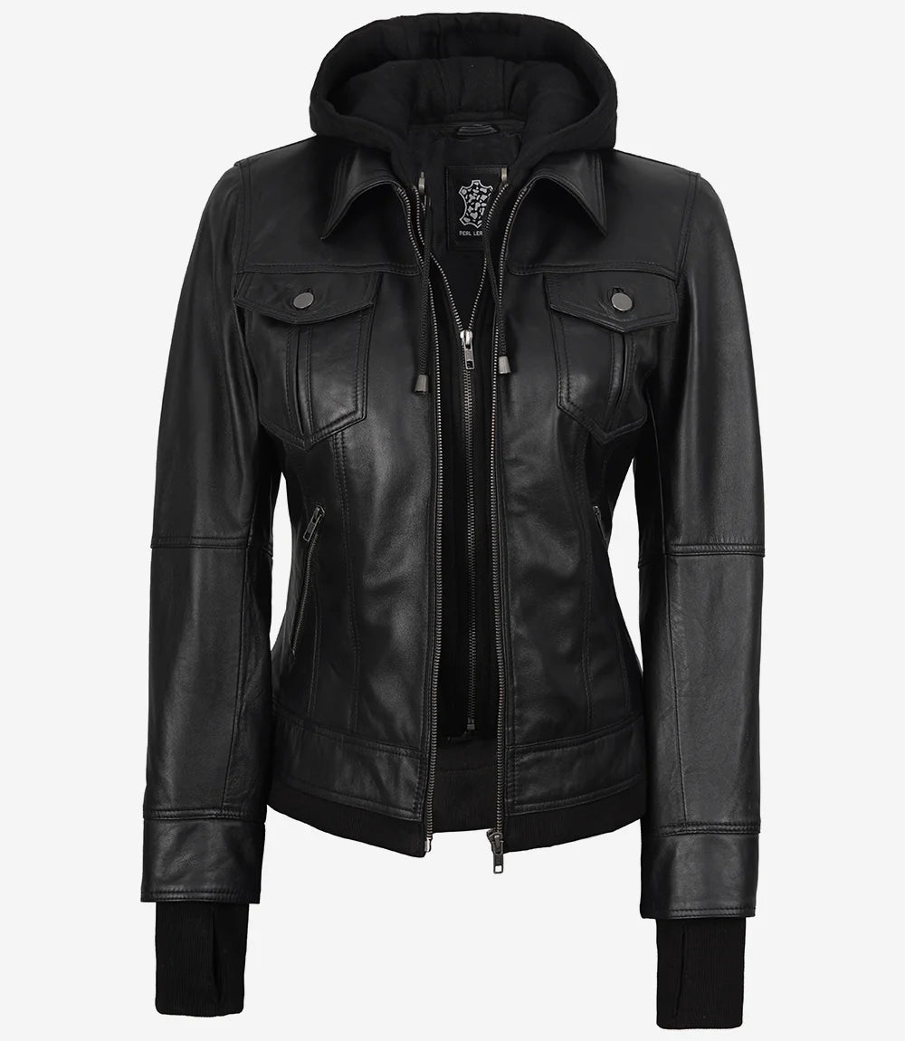 The Celeste: Schwarze Bomber-Lederjacke für Damen mit abnehmbarer Kapuze