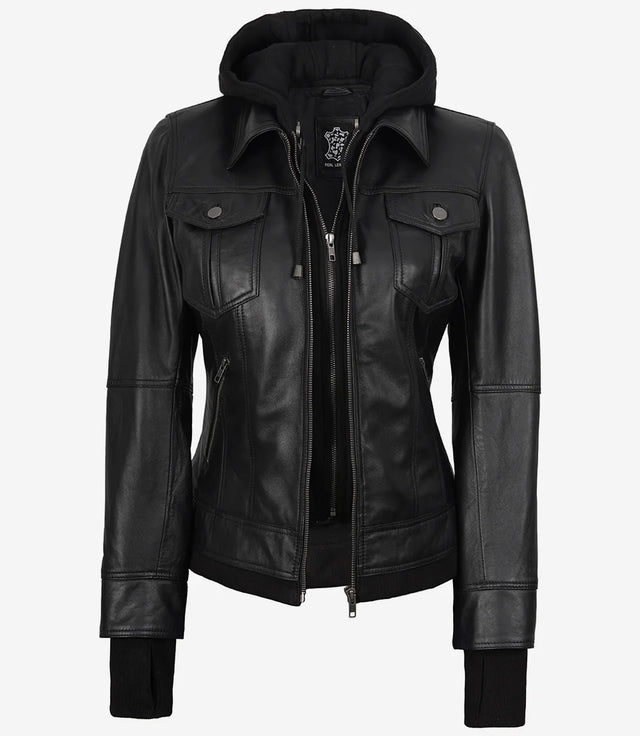 The Celeste: Schwarze Bomber-Lederjacke für Damen mit abnehmbarer Kapuze